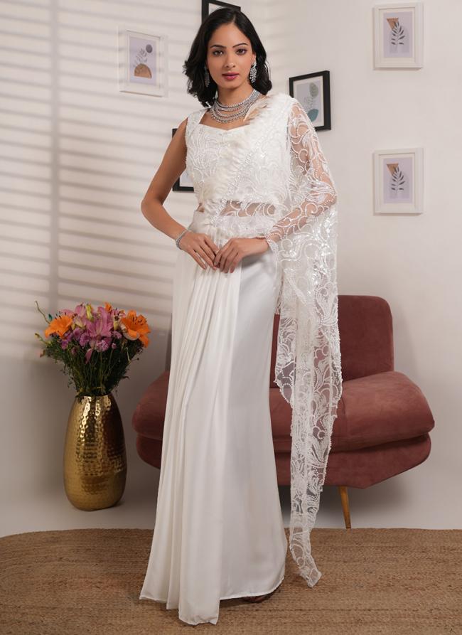 Imported White Wedding Wear Embroidery Work Ready To Wear Saree